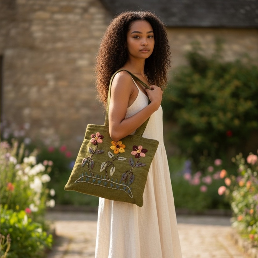 Olive Green Floral Embroidered Tote Bag
